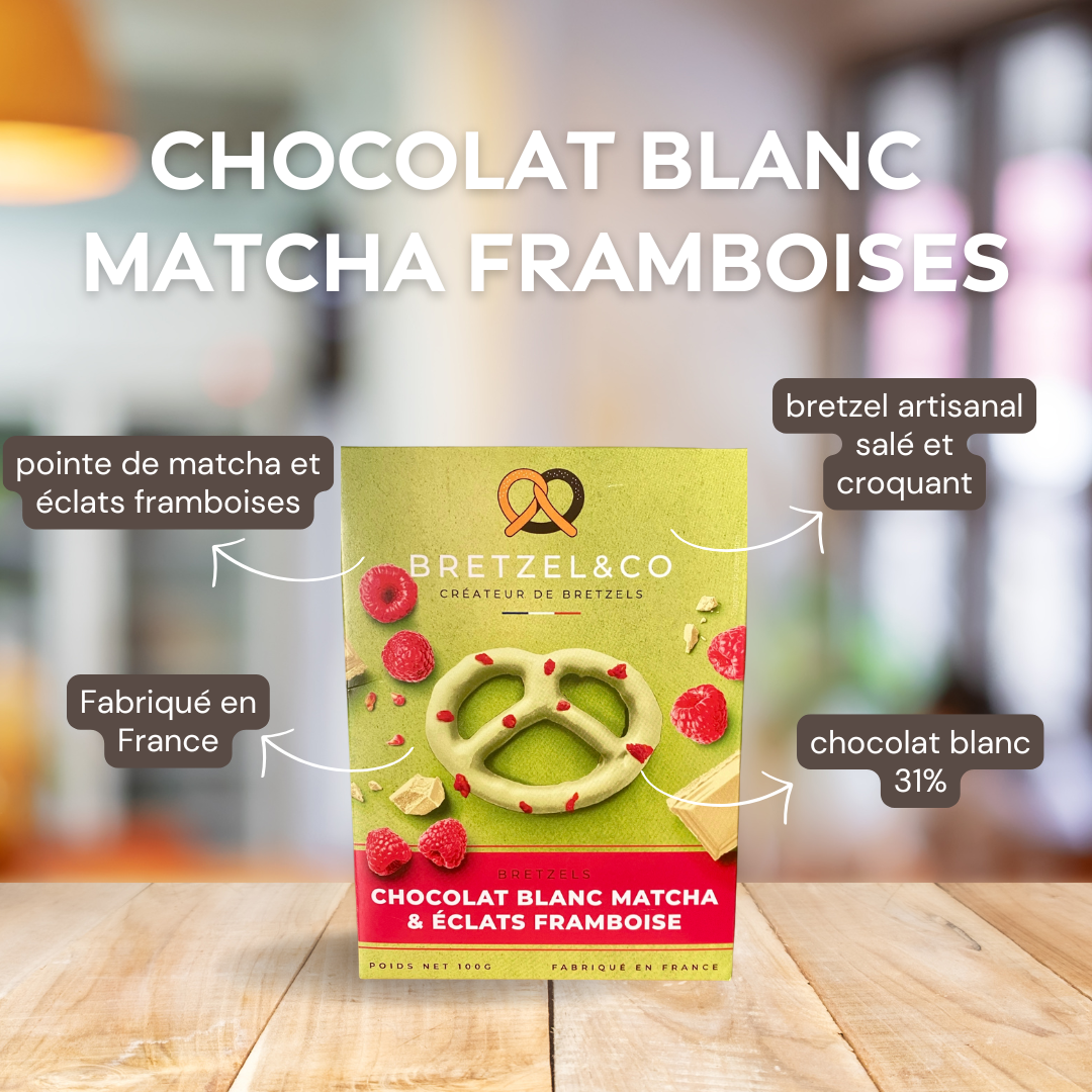 bretzel chocolat blanc matcha - éclats de framboises
