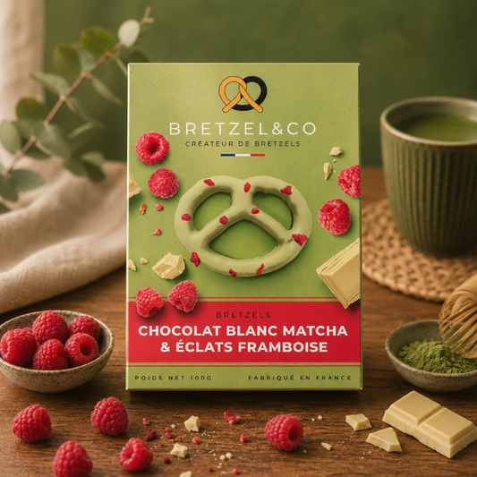 bretzel chocolat blanc matcha - éclats de framboises