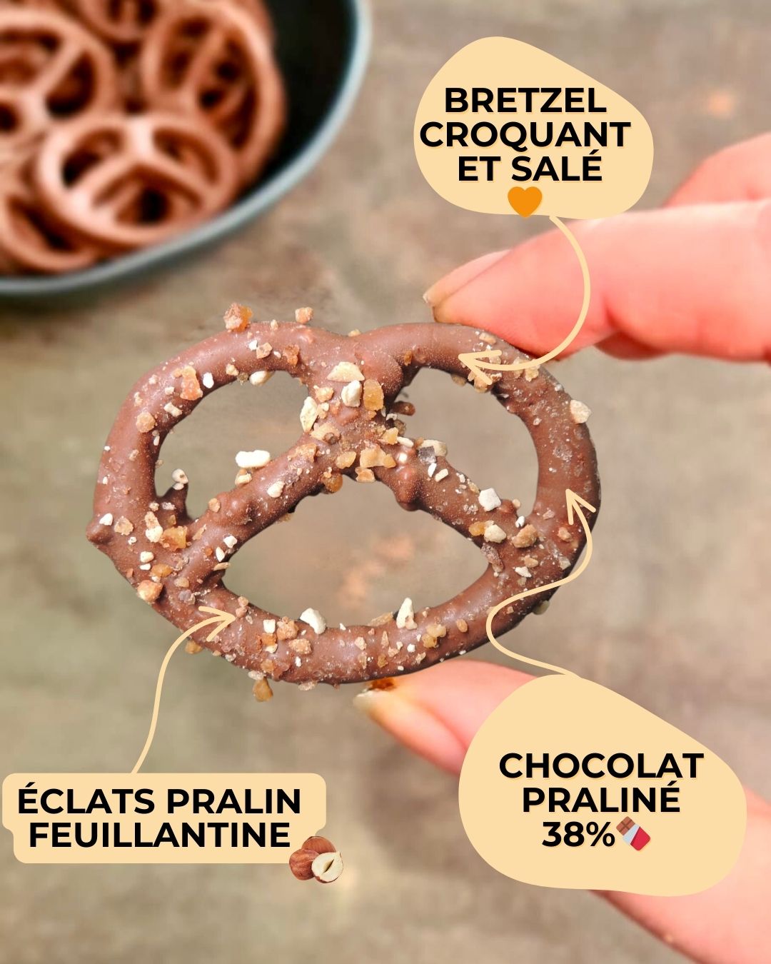 bretzel chocolat praliné - éclats de feuillantine