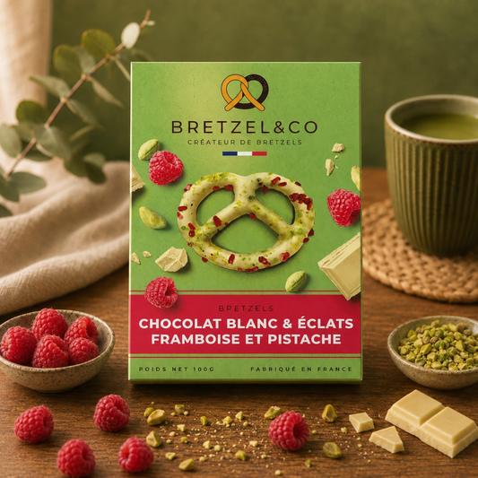 bretzel chocolat blanc - éclats pistaches et framboises