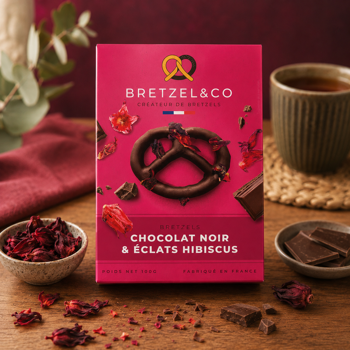 bretzel chocolat noir - fleurs d'hibiscus