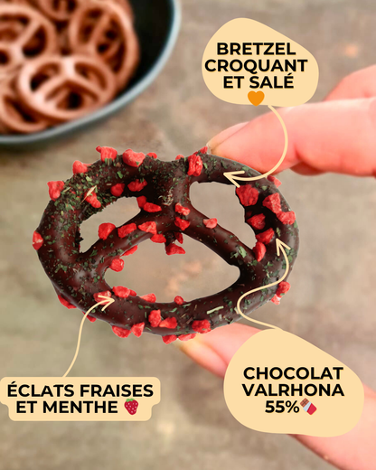 bretzel chocolat noir - éclats fraises et menthe