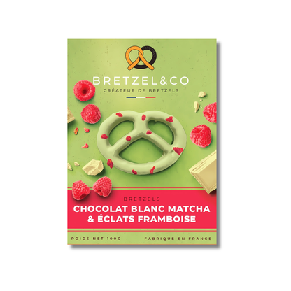 bretzel chocolat blanc matcha - éclats de framboises