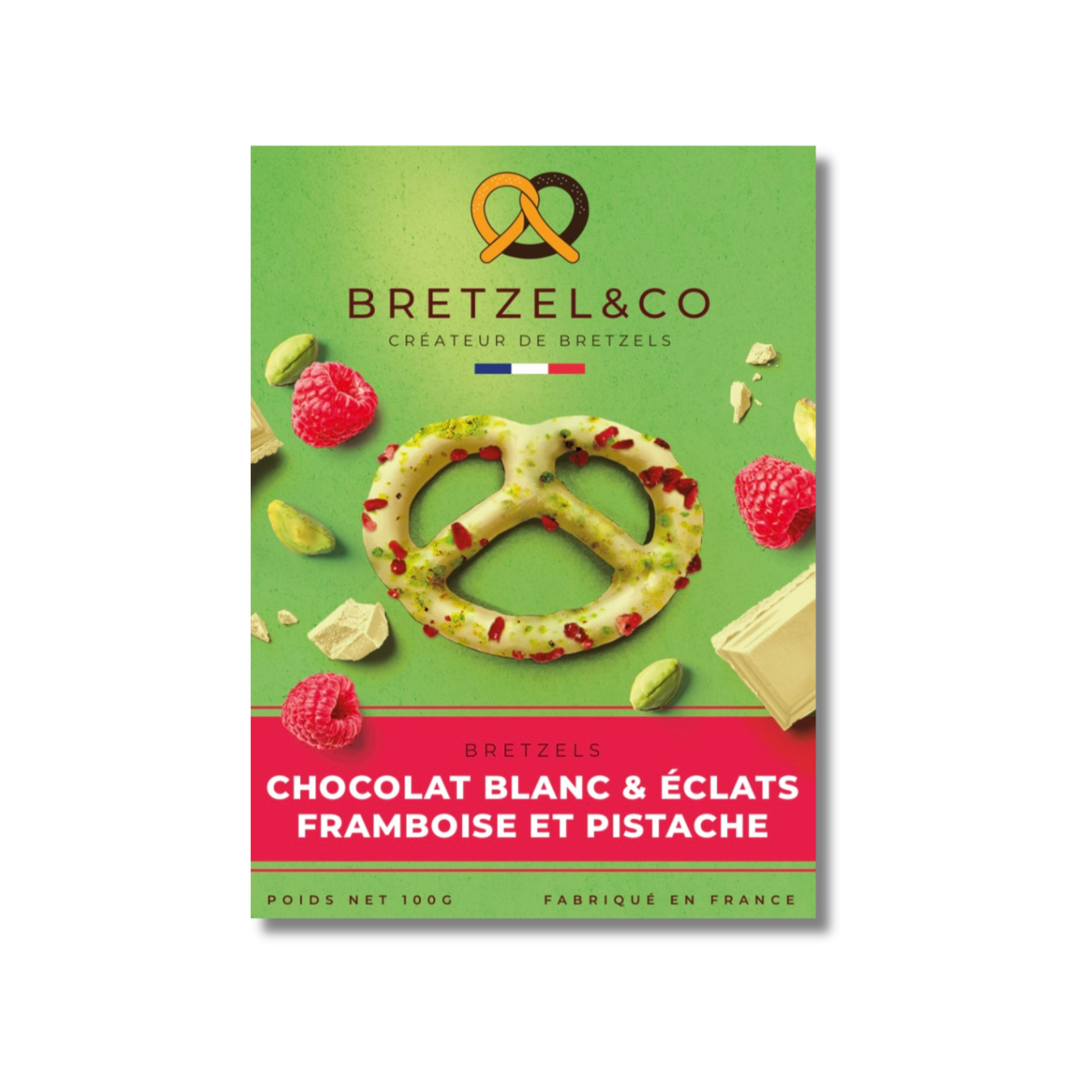 bretzel chocolat blanc - éclats pistaches et framboises